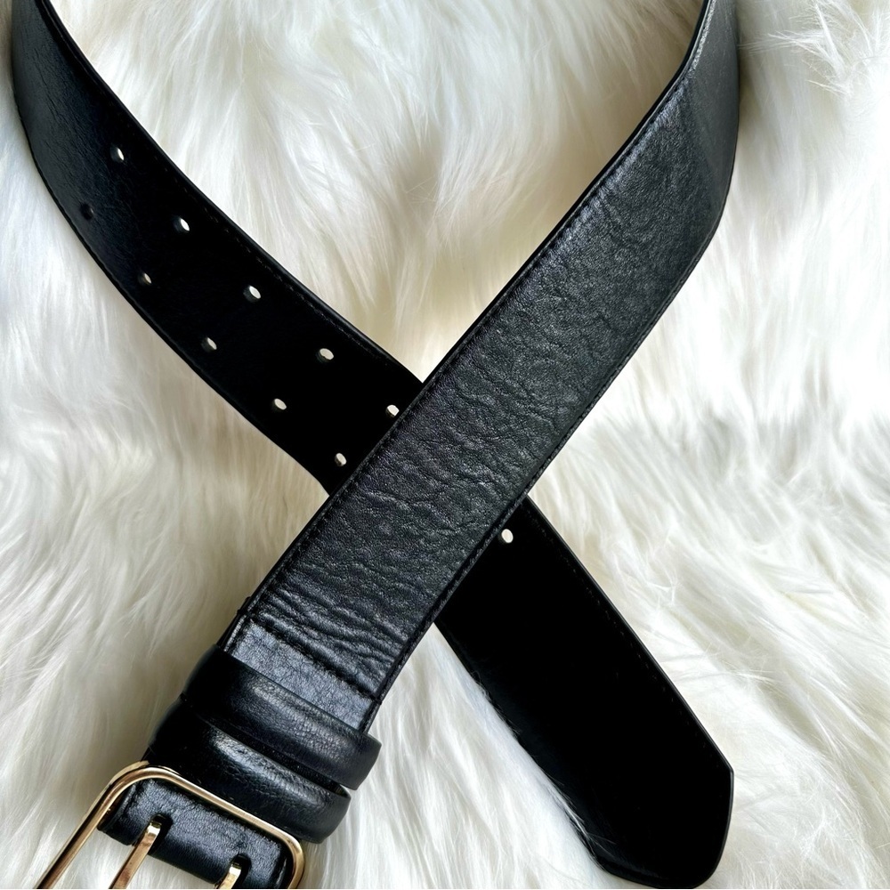 Ann Taylor Classic Black Leather Belt with Gold Buckle - Size M - Picture 9 of 10